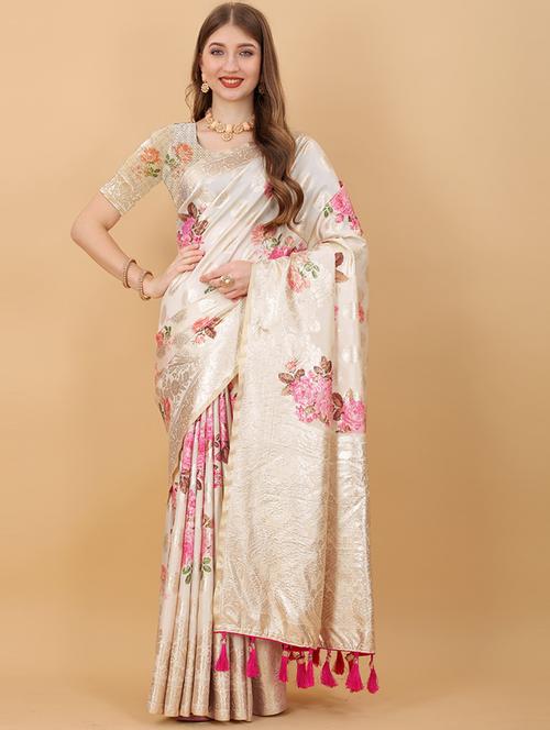 women floral self design bordered saree with blouse - 21713027 - Very Small Image - 1