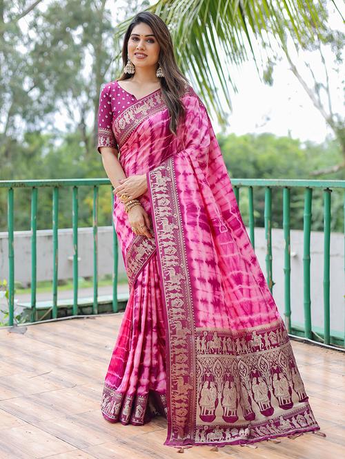 women tie & dye zari bordered saree with blouse - 21713266 - Very Small Image - 1