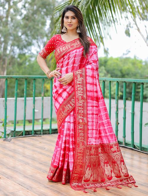 women tie & dye zari bordered saree with blouse - 21713267 - Very Small Image - 1