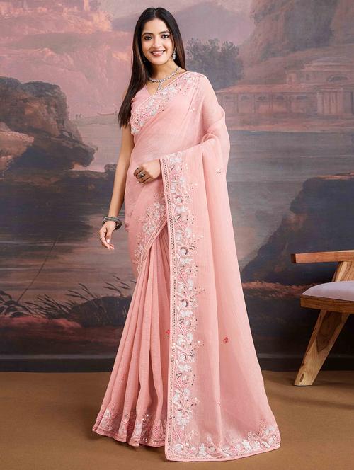 women peach embroidered saree with blouse - 21713599 - Very Small Image - 1