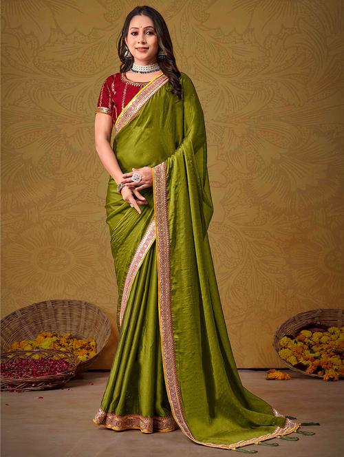 women olive embellished lace work saree with blouse - 21713623 - Very Small Image - 1