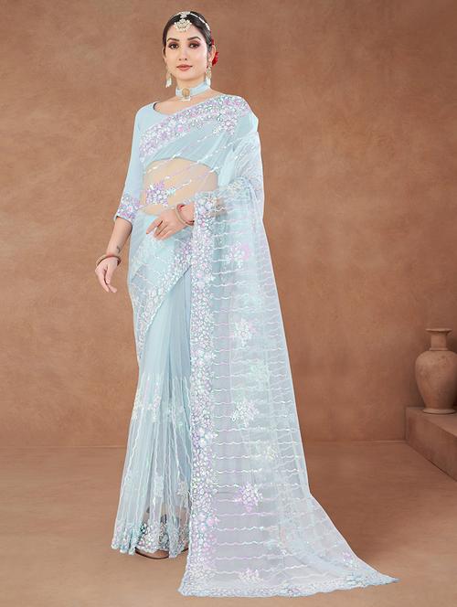 women light blue sequin work embroidered saree with blouse - 21714450 - Very Small Image - 1