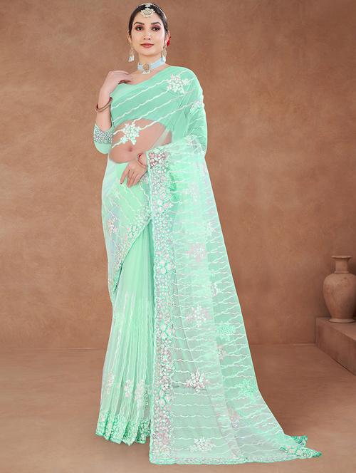 women green sequin work embroidered saree with blouse - 21714451 - Very Small Image - 1
