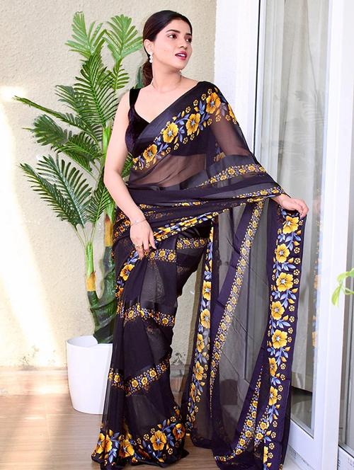 women black floral printed saree with blouse - 21714791 - Very Small Image - 1