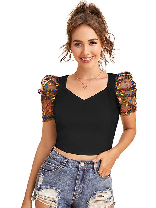 women solid puff sleeve crop top - 21714966 - Very Small Image - 1