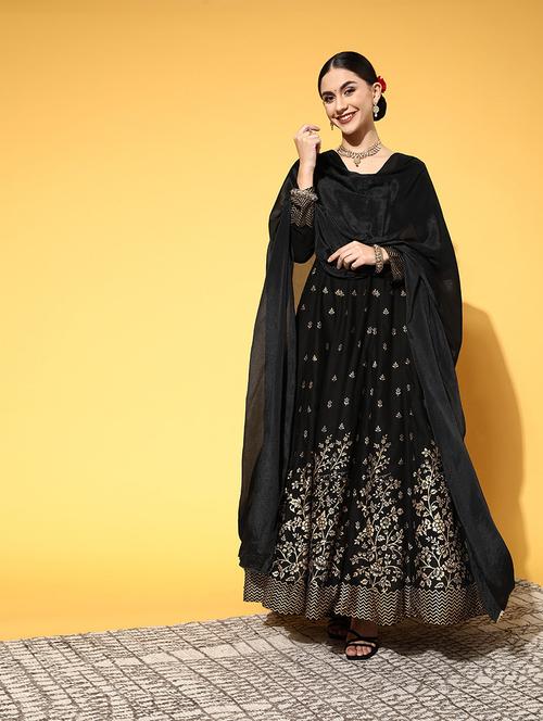 women black foil printed kurta dupatta set - 21715841 - Very Small Image - 1