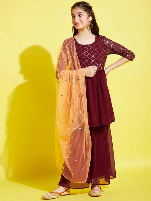 girls embroidered kurta sharara suit set - 21716070 - Very Small Image - 1