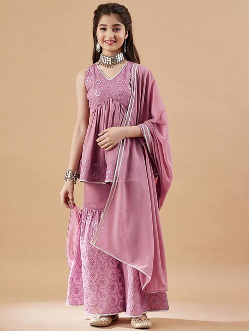 girls mirror work kurta sharara set with dupatta - 21716113 - Very Small Image - 1