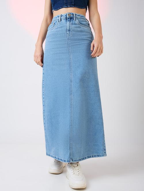 globus women light blue stretchable mid rise back slit maxi denim pencil skirt - 21718308 - Very Small Image - 1