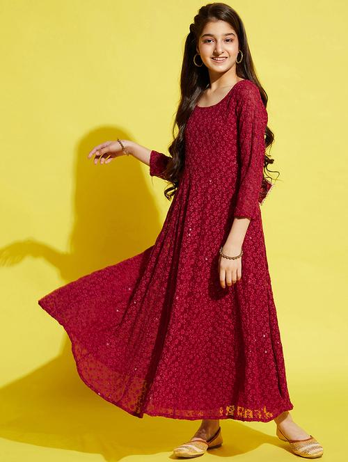 girls maroon embroidered long sleeve gown - 21718591 - Very Small Image - 1