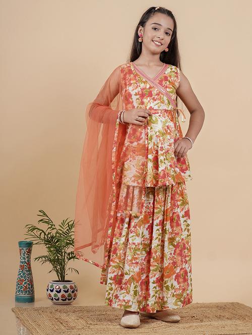 girls floral overlap neck kurta skirt set with dupatta - 21719690 - Very Small Image - 1