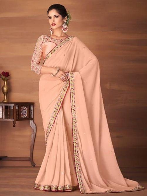 women peach foil printed lace work saree with blouse - 21722035 - Very Small Image - 1