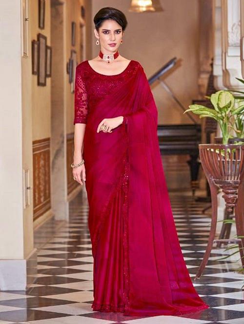 women pink solid lace work saree with blouse - 21722036 - Very Small Image - 1