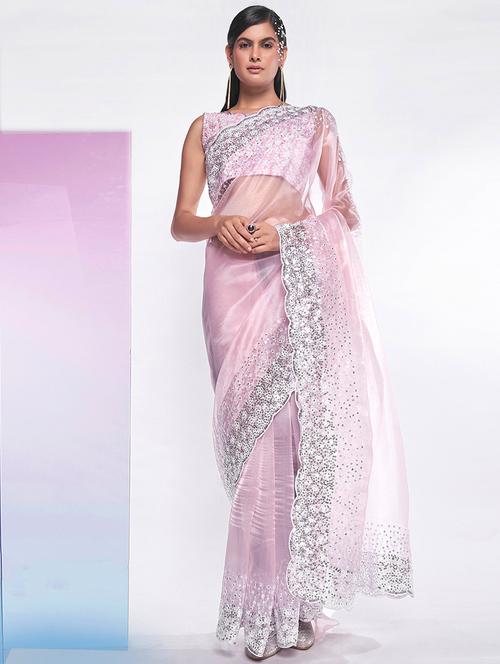 women pink sequin work saree with blouse - 21722073 - Very Small Image - 1