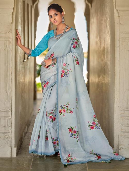 women grey floral printed saree with blouse - 21722087 - Very Small Image - 1