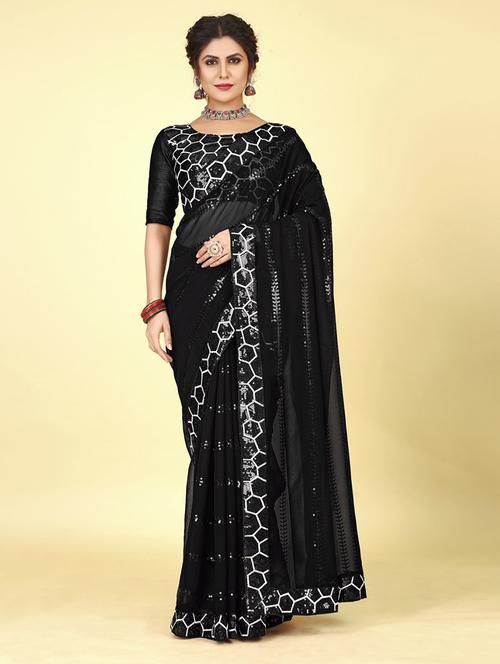 women black sequin work saree with blouse - 21722149 - Very Small Image - 1