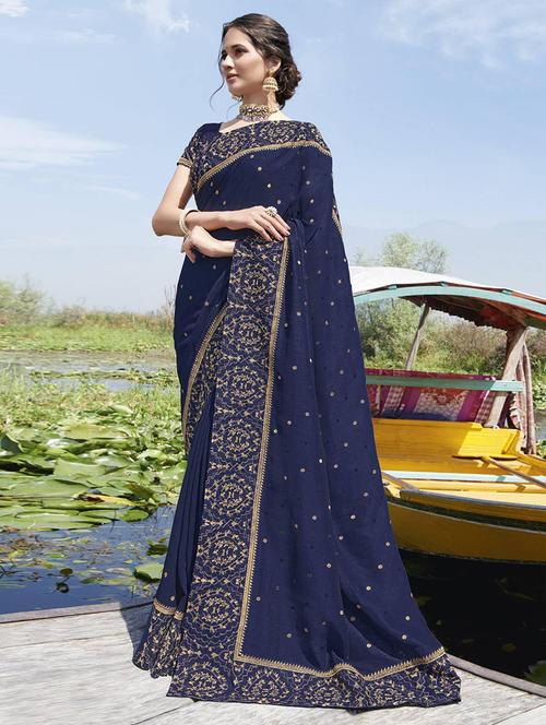 blue self design bordered saree with blouse - 21722316 - Very Small Image - 1