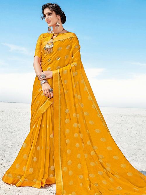 yellow self design bordered saree with blouse - 21722324 - Very Small Image - 1