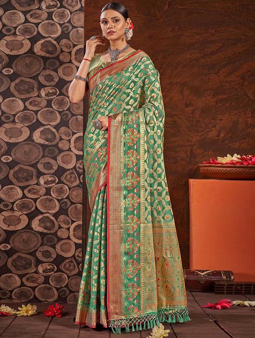 women green self design banarasi saree with blouse - 21722530 - Very Small Image - 1