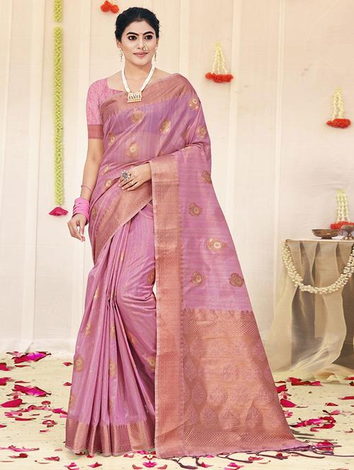 women pink self design bordered saree with blouse - 21722615 - Very Small Image - 1