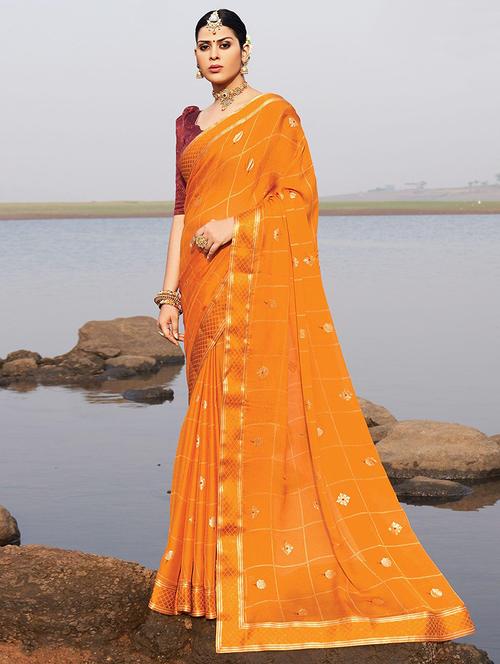 yellow self design bordered saree with blouse - 21722665 - Very Small Image - 1