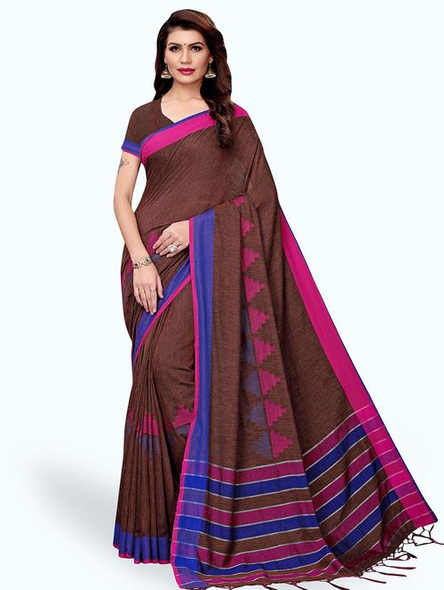 women brown solid bordered saree with blouse - 21722721 - Very Small Image - 1