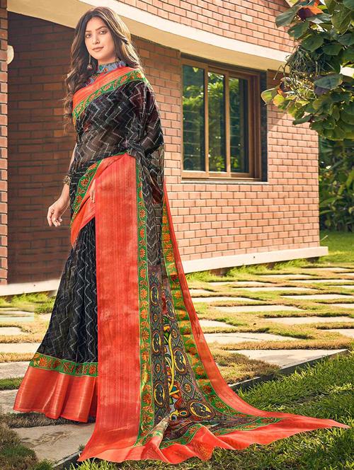 women printed bordered saree with blouse - 21722731 - Very Small Image - 1