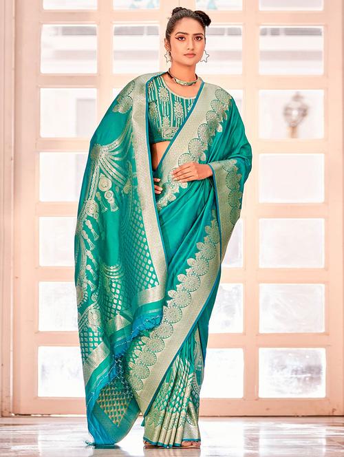 turquoise satin bordered saree with blouse - 21722768 - Very Small Image - 1