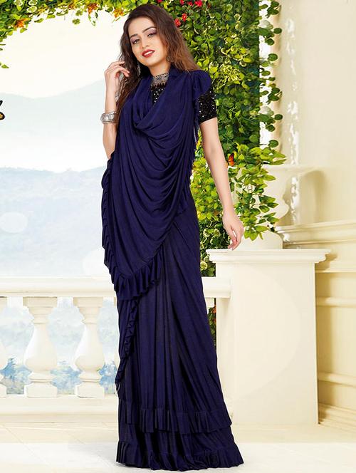 women navy blue solid saree with blouse - 21722818 - Very Small Image - 1