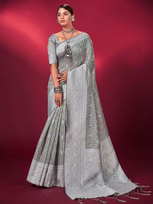 women grey printed bordered saree with blouse - 21722865 - Very Small Image - 1