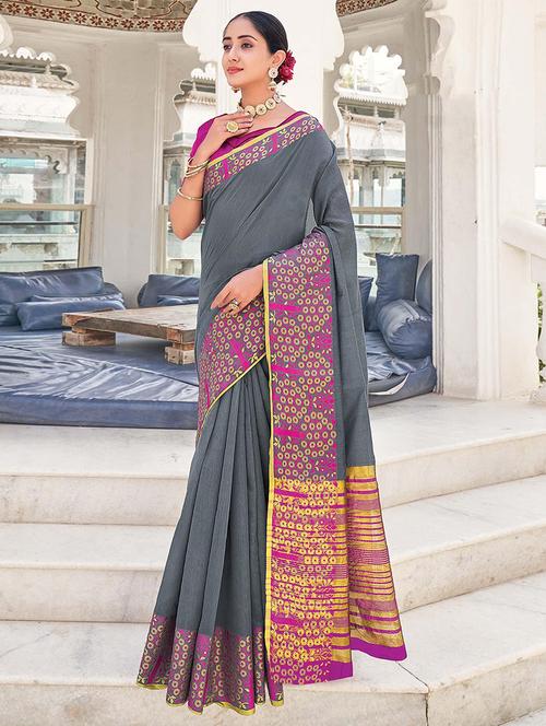 women grey solid bordered saree with blouse - 21723084 - Very Small Image - 1