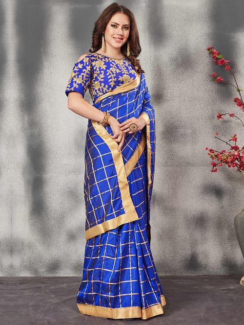 women blue checks printed saree with blouse - 21723091 - Very Small Image - 1
