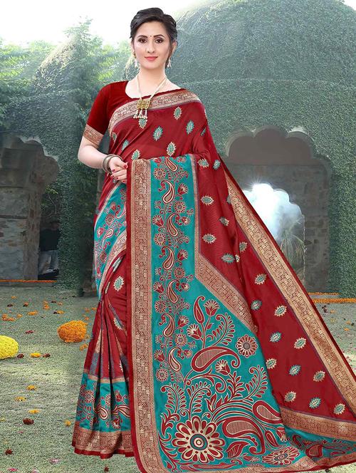 women maroon self design zari bordered saree with blouse - 21723177 - Very Small Image - 1