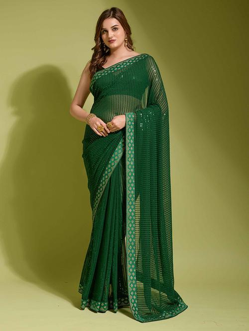 green sequined bordered saree with blouse - 21723209 - Very Small Image - 1