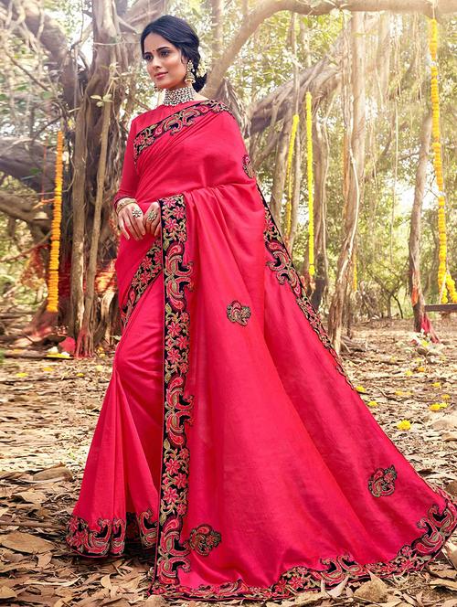 women pink embroidered bordered saree with blouse - 21723223 - Very Small Image - 1