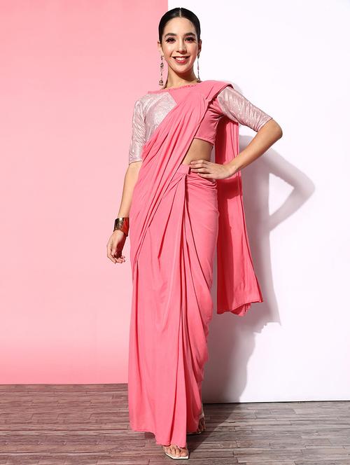 women pink plain ready to wear saree with blouse - 21723229 - Very Small Image - 1