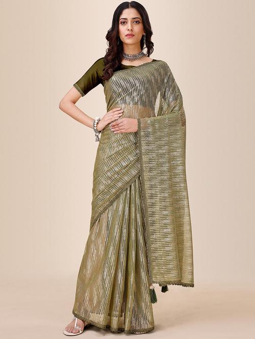 women olive self design lace work saree with blouse - 21723301 - Very Small Image - 1
