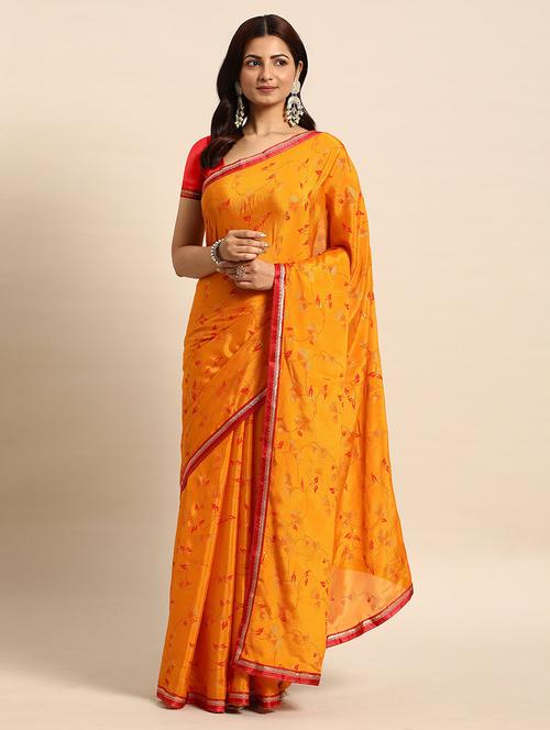 women orange printed lace work saree with blouse - 21723416 - Very Small Image - 1