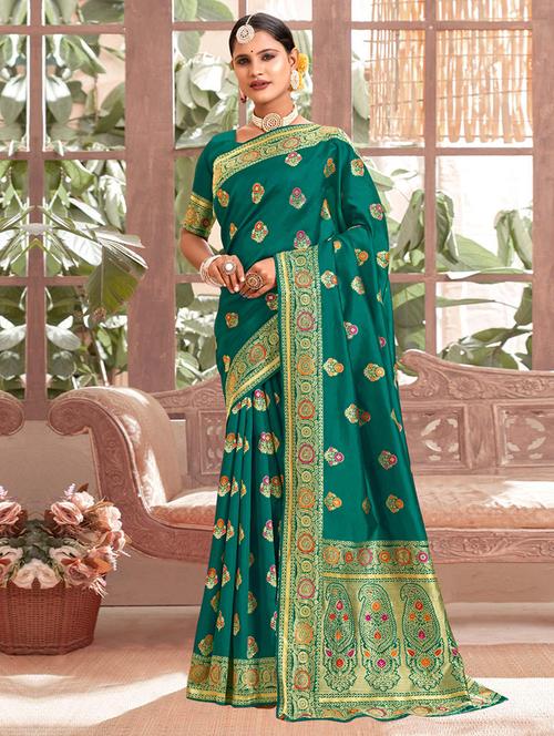 women green self design paithani saree with blouse - 21723441 - Very Small Image - 1