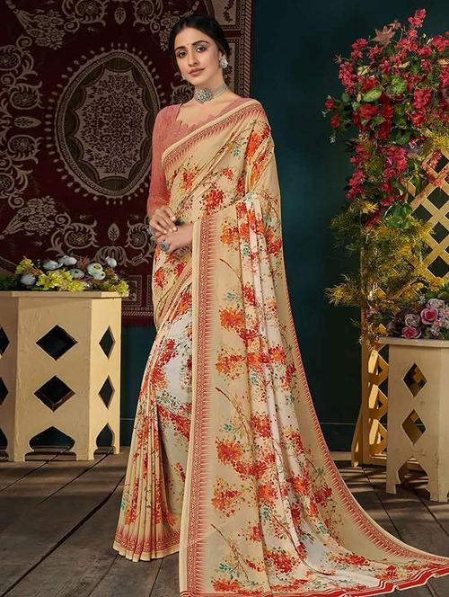 women beige floral printed saree with blouse - 21723469 - Very Small Image - 1