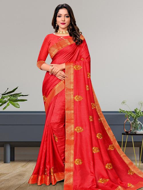 women red embroidered bordered saree with blouse - 21723509 - Very Small Image - 1