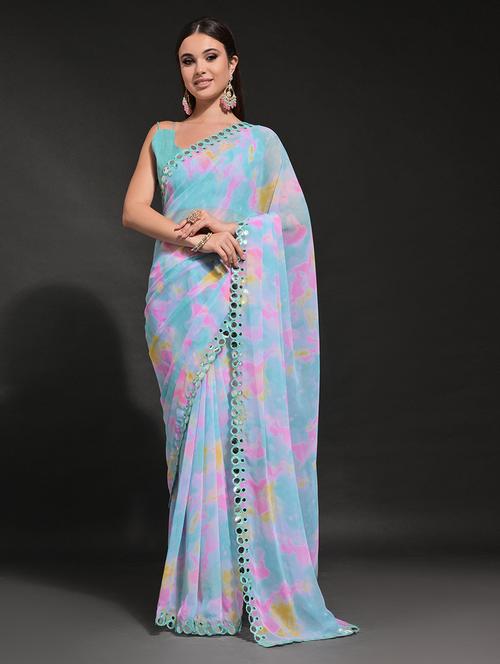 women light blue printed mirror work saree with blouse - 21723576 - Very Small Image - 1