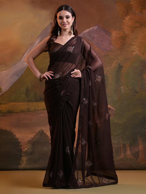 women brown sequin work saree with blouse - 21723579 - Very Small Image - 1