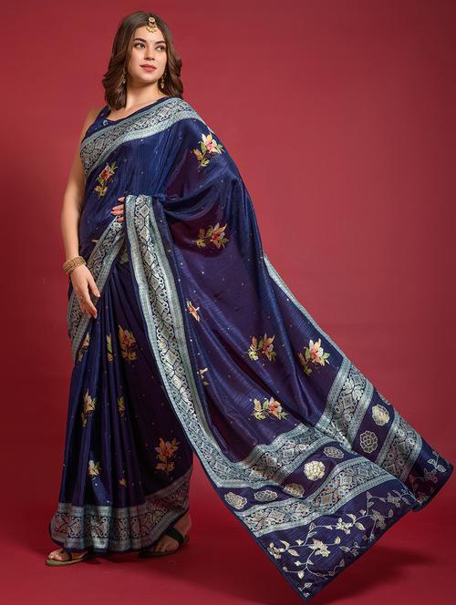 women blue floral bordered saree with blouse - 21723581 - Very Small Image - 1