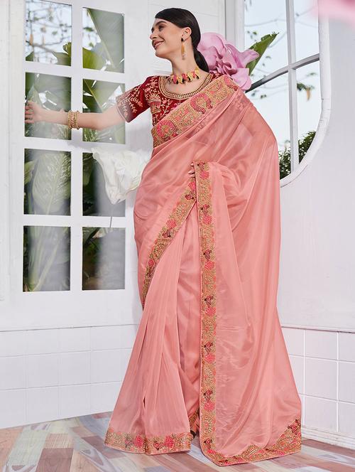women peach embroidered bordered saree with blouse - 21723593 - Very Small Image - 1
