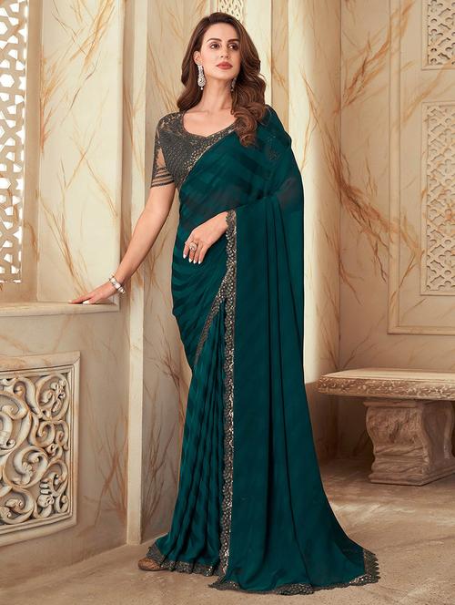 women bottle green stripes lace work saree with blouse - 21723644 - Very Small Image - 1
