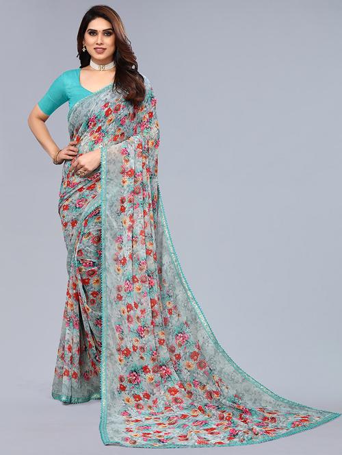 women grey floral printed saree with blouse - 21723649 - Very Small Image - 1