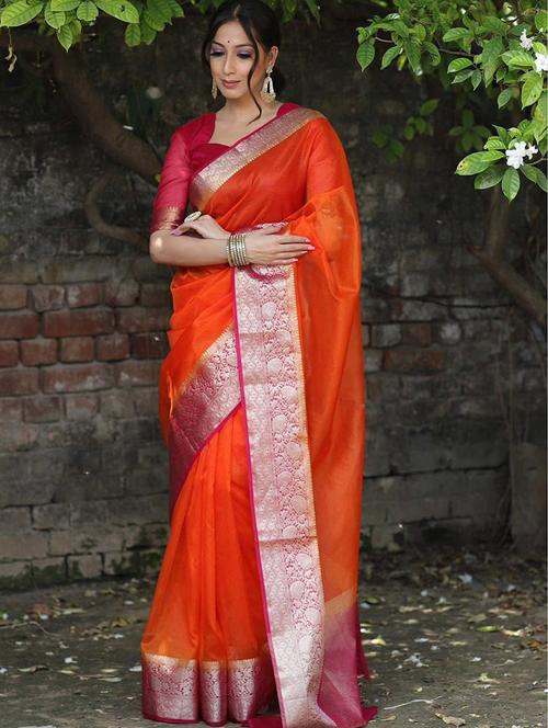 women orange solid zari bordered saree with blouse - 21723698 - Very Small Image - 1