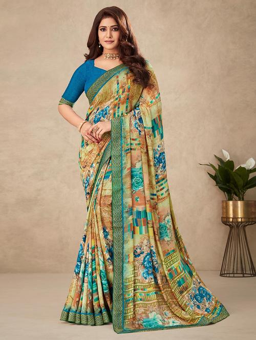 women printed bordered saree with blouse - 21723776 - Very Small Image - 1