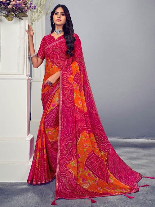 women bandhani printed bordered saree with blouse - 21723888 - Very Small Image - 1